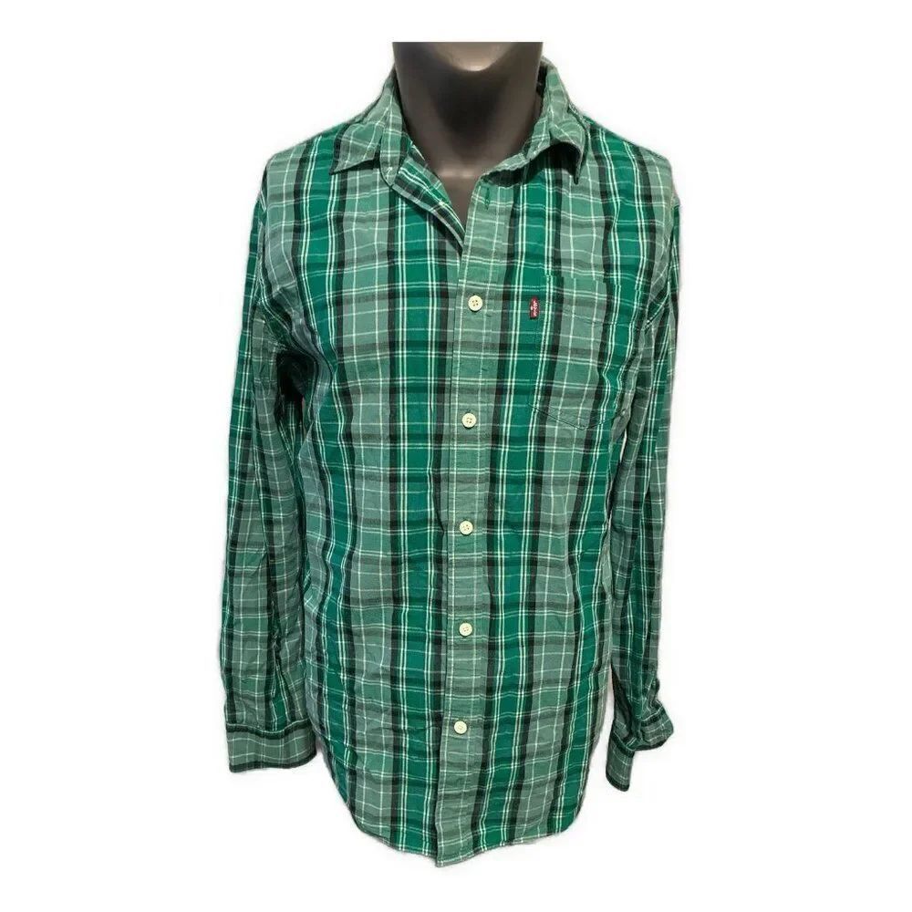 levi's standard green black white plaid long sleeve shirt cotton hemp Large